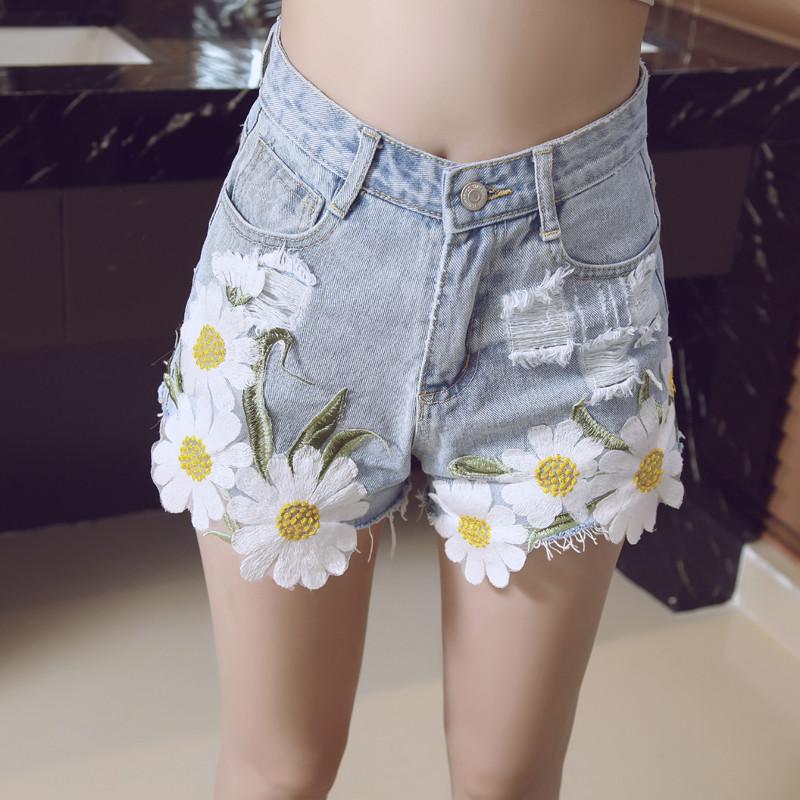 

Teenage Girls Women Empire Summer Daisy Embroidery Cotton Denim Hot Shorts Jeans Denim Jeans Femme donne pantaloncini di je, Light blue