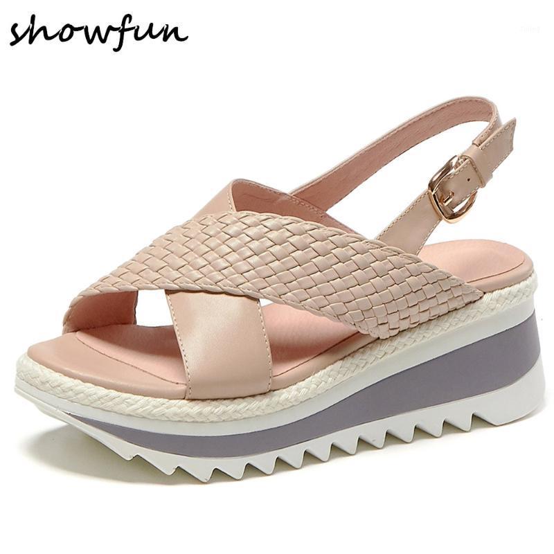 

Women's genuine leather Braided patchwork platform falts sandals leisure female thick sole summer punk sandals open toe shoes1, Pink