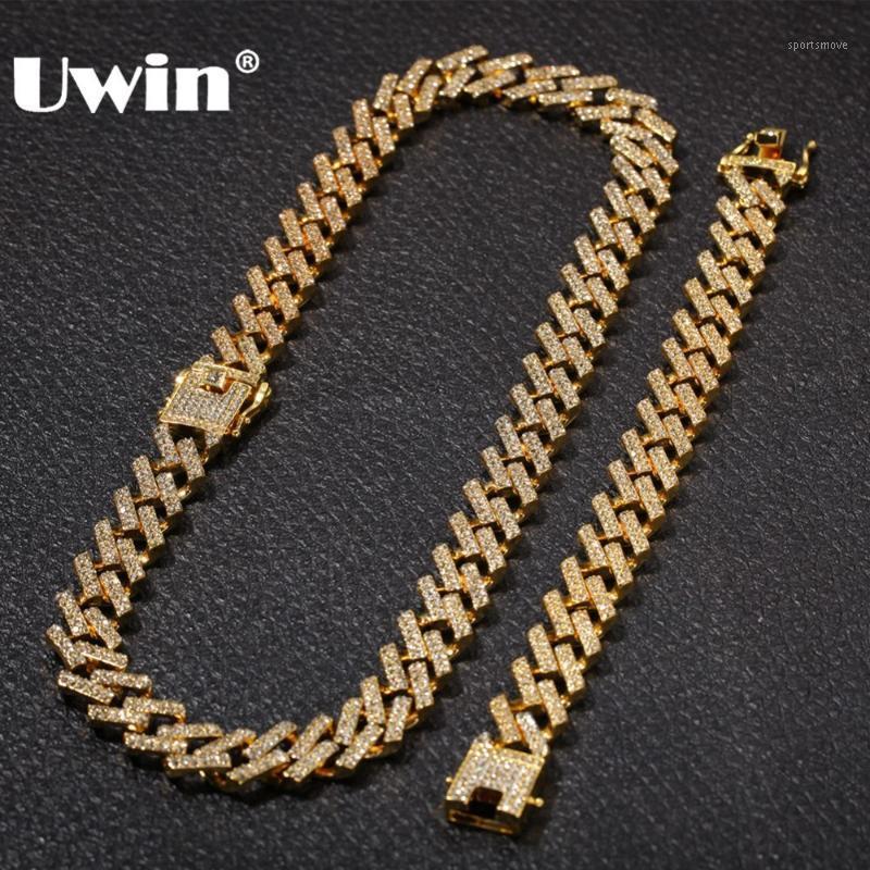 

UWIN NE+BA Fashion Jewelry Necklaces & Bracelets 15mm Fashion Gold Color Iced Out 2 Row Prong Cuban Link Chains For Men Women1