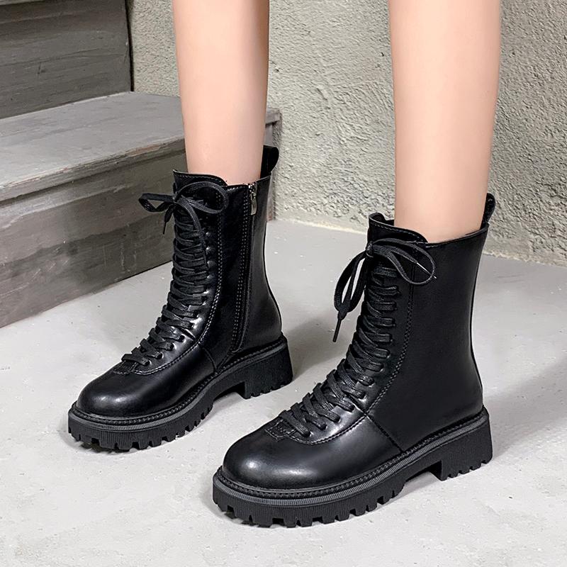 

New Women Boots Autumn Winter Fashion Black Leather Platform Gothic Boots Punk Combat Mid-Calf for Women, Brown