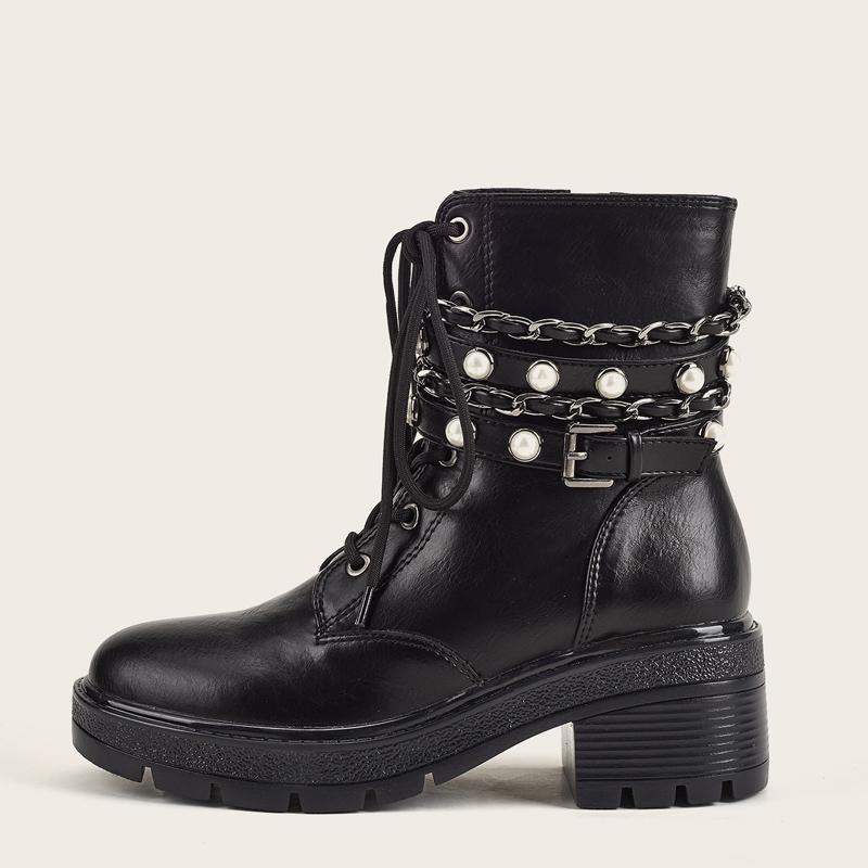 

Fashion Women Ankle Boots Thick Low Heel Ladies Booties Winter Pearl Zipper Female Short Boots Causal Woman Shoes, Black