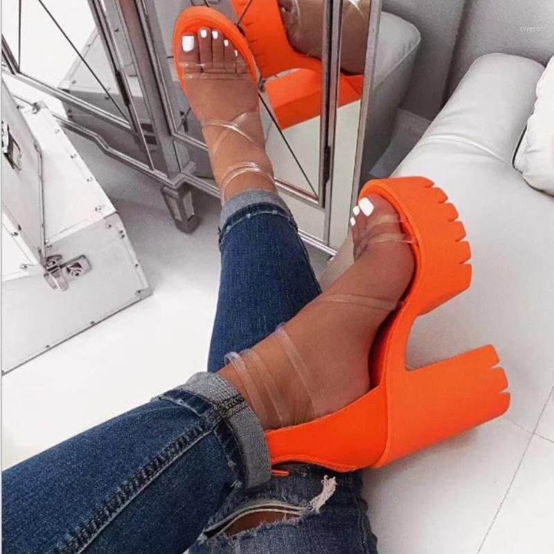 

Women Transparent Sandals Ladies High Heel Sandals Candy Color Open Toes Thick Heel Fashion Female Slides Platform Summer Shoes1, Orange