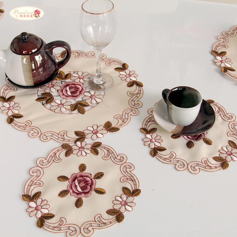 

Proud Rose 4 Pcs Embroidery Cup Cushion Table Cloth Tissue Box Cover Exquisite Dish Mat Insulation Pad Creative Round Table Mat, 220 style