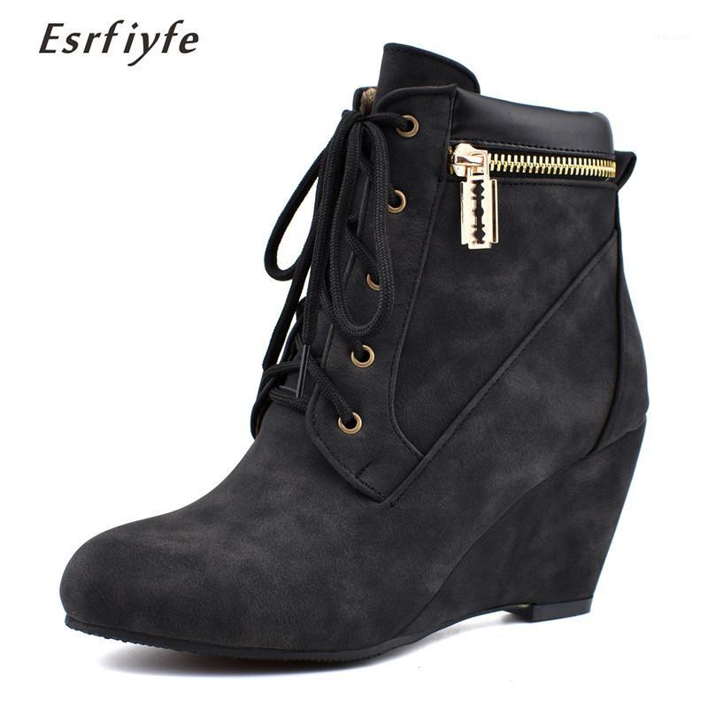 

ESRFIYFE 2020 Winter Wedges Boots Fashion Flock Women's Platform Wedges Ankle Boots Lace Up High Heels Shoes for Women1, Black