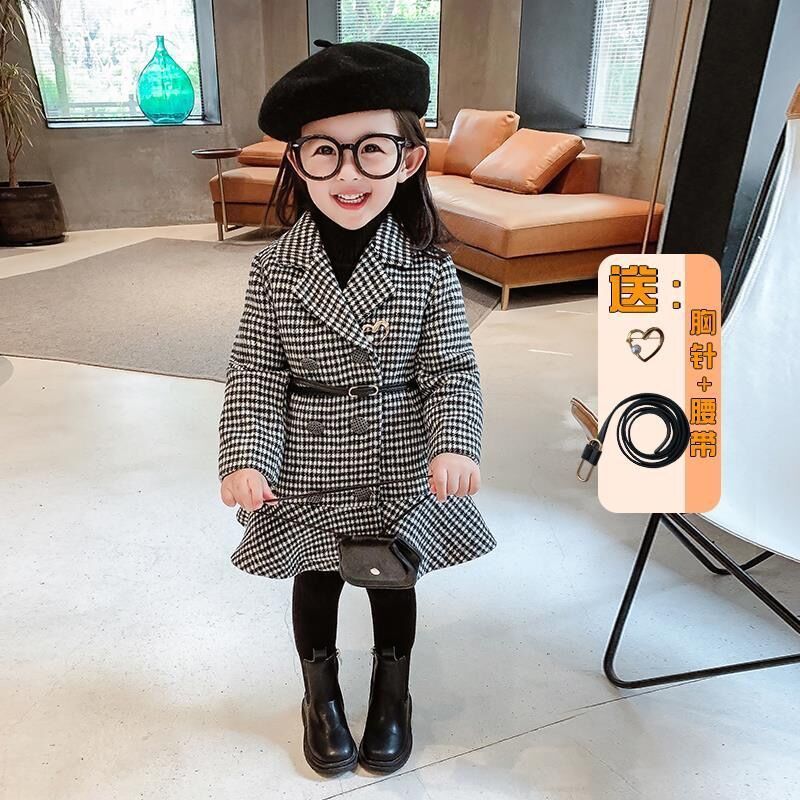 

Winter girls thousand birds Slim squats thick woolen coat spring and autumn baby princess single-breasted dress coat, Blue;gray
