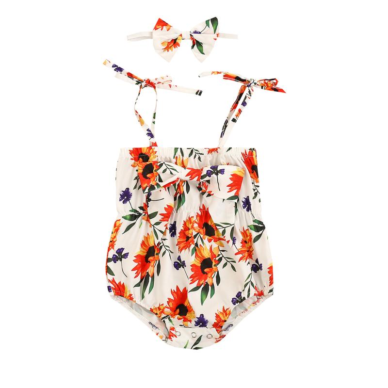 

CitgeeSummer 0-3Y Toddler Kid Baby Girl 2Pcs Set Floral Print Bows Straps Sleeveless Bodysuit+Headband Infant Outfit, As pic