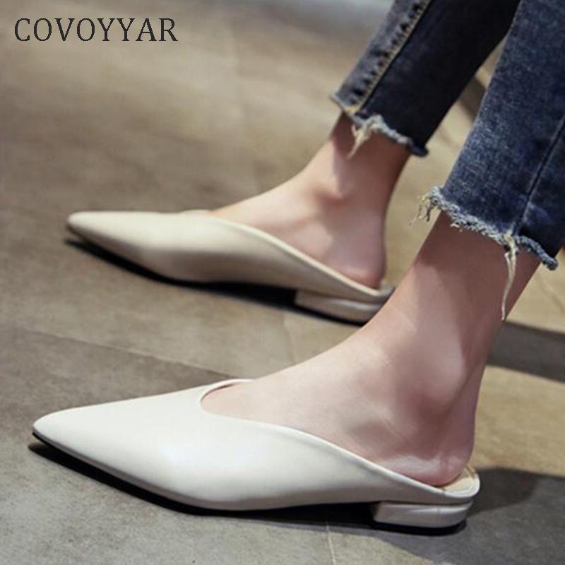 

COVOYYAR Flat Women Slippers Shoes Pointed Toe Mules Slip on Sexy Spring Summer Woman Shoes Fashion Outside Slides WSL80, White