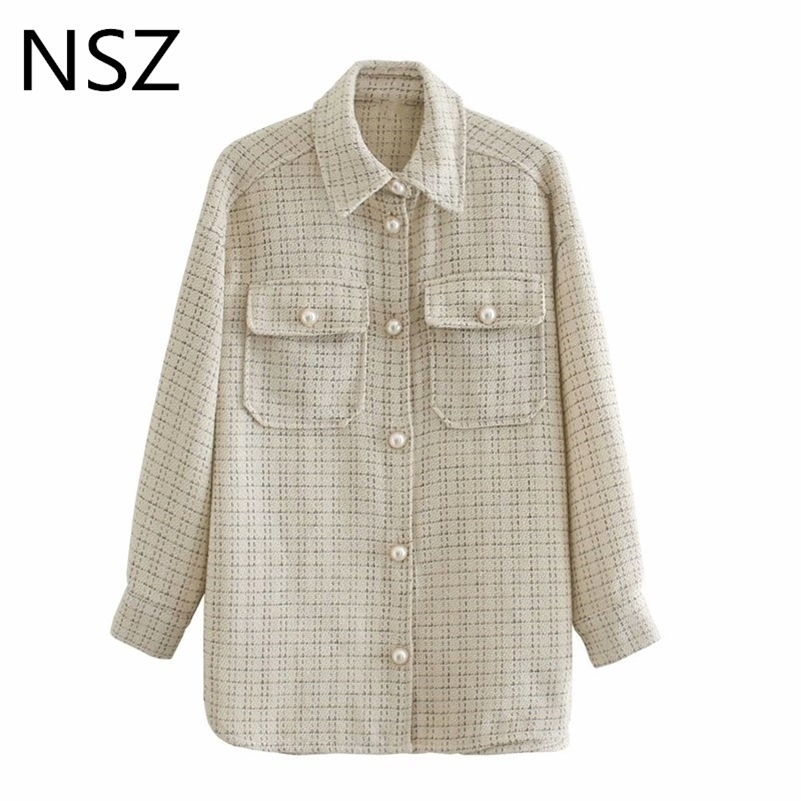 

NSZ women houndstooth tweed jacket woolen oversized plaid shirt coat pearl button blouse jacket checked outwear streetwear Fall 201112, 27-1
