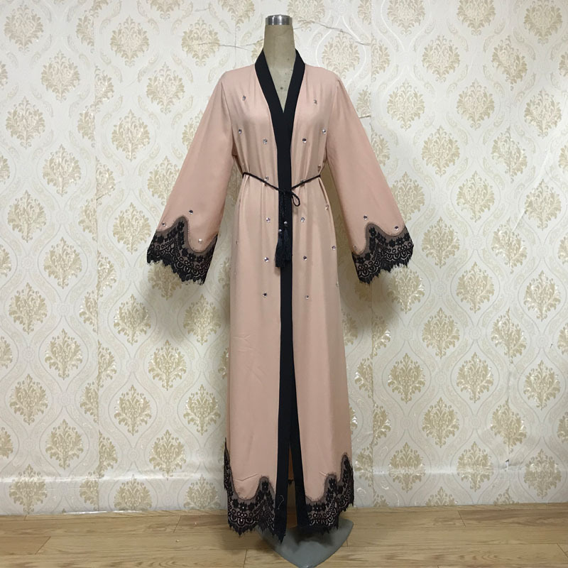 

Muslim Kimono Kaftan Abaya Dress Women Elegant Diamond Lace-up Long Robe Kimono Turkish Islamic Clothes Lace Cafan Hijab Dresses, Black;gray
