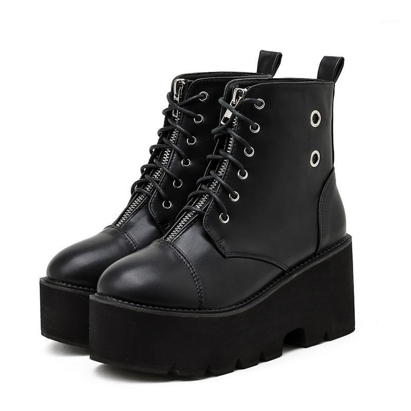 

Winter High Platform Boots Leather High Wedges Ankle Boots Women 2021 New Female Punk demonias shoes platform YMB293-11, Black