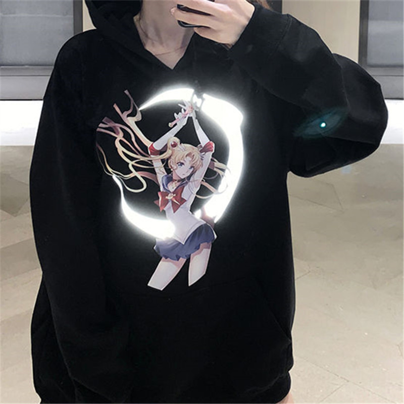 

2021 Reflective New Feminine Fashion Oversized Casual Hoodie Anime Sailor Moon Light Up Drop Shoulder Big R87j, Black
