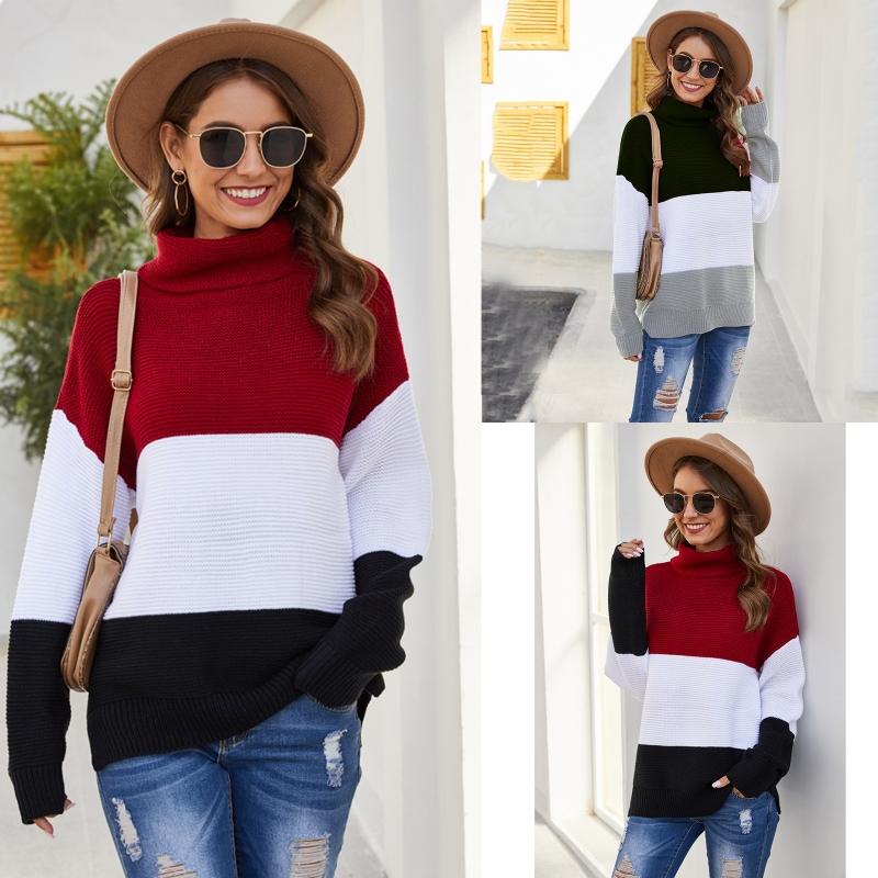 

Women Autumn Winter Long Sleeves Turtleneck Sweater Stitching Color Pullover, Green