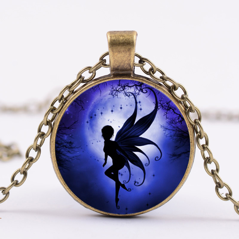 

Fairy Elf with Wings Pendant Necklace Beautiful Flying Elf Princess Moon Glass Crystal Silver Color Fashion Anime Jewelry