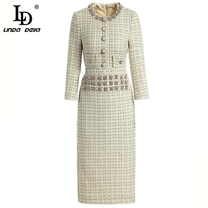 

LD LINDA DELLA Fashion Runway Autumn Winter Dresses Women' Long Sleeve Gorgeous crystal Beading Vintage Pencil Elegant Dress, Multi