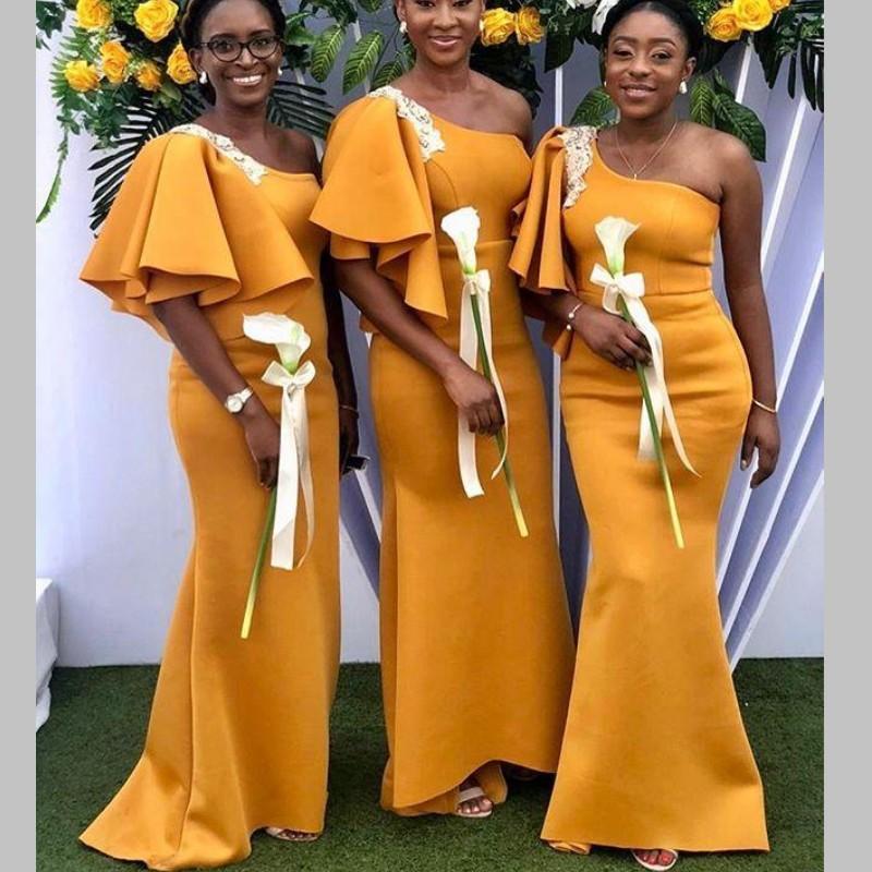 One Shoulder Satin Mermaid Bridesmaid Dresses 2021 Custom Made Ruffle Appliqued Evening Party Gowns Wedding Guest Dress