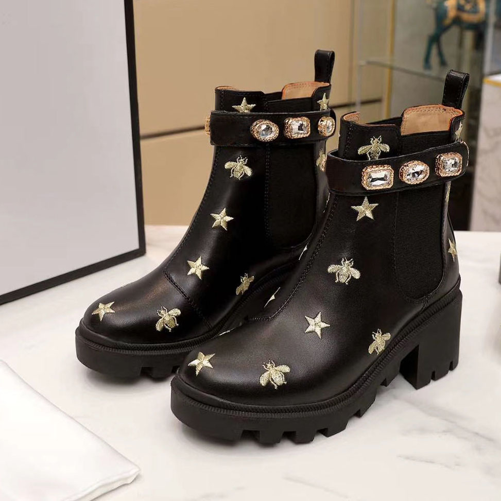 

Martin boots 100% cowhide women Shoes Classic Bee High heels Leather High heeled boots Diamonds Lady short boots Large size 35-42, Black stars
