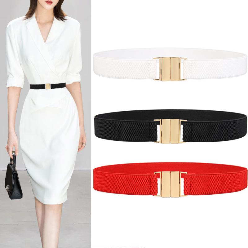 

Belts Fashion Women's Cummerbunds Wide Belt Red Elastic Solid Casual Wedding Waist Gold Buckle Stretchy Waistband For Lady Dress, Black