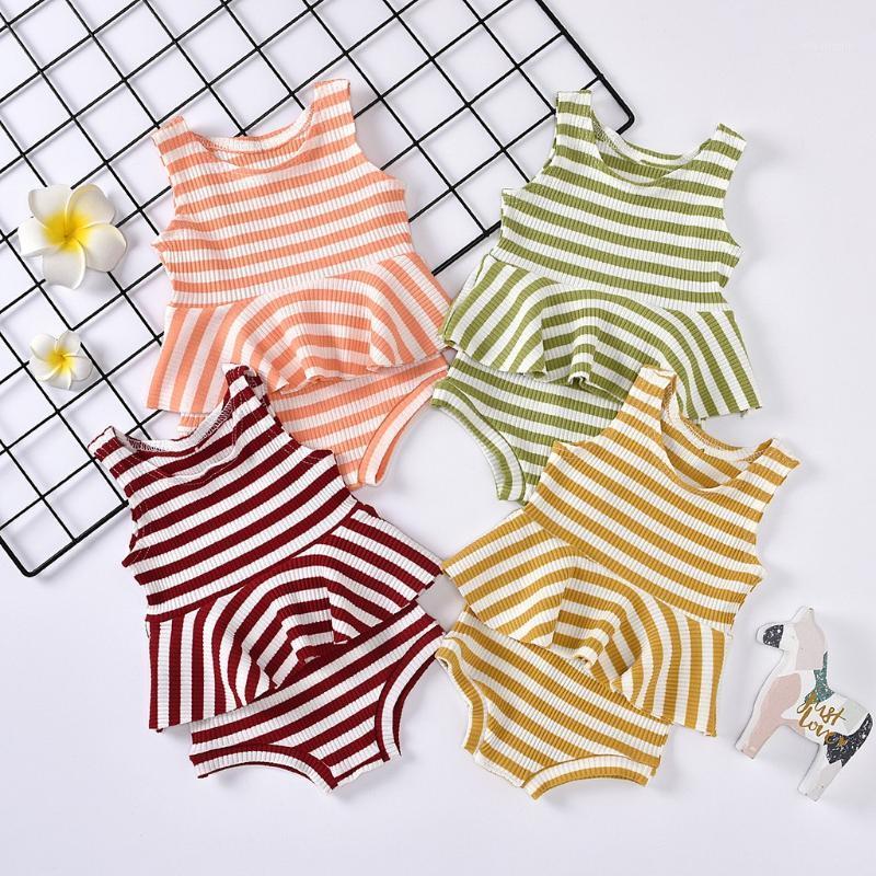 

2020 Newborn Baby Girl Rompers Clothes Sets Sleeveless Ribbed Knitted Striped Print Clothing set Tank Top+Shorts Set Outfits1, Green