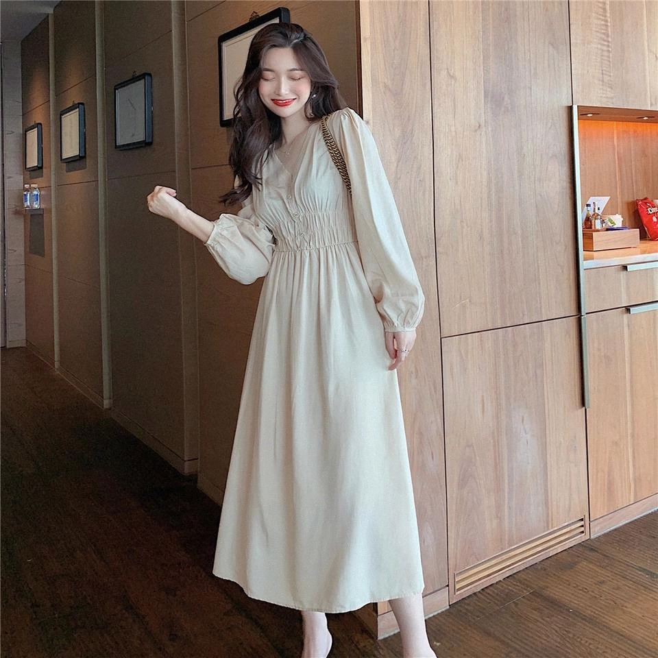 

2020 autumn new style V-neck solid color Korean version waist slimming pleated long dress female base skirt #gM2S, Black;gray
