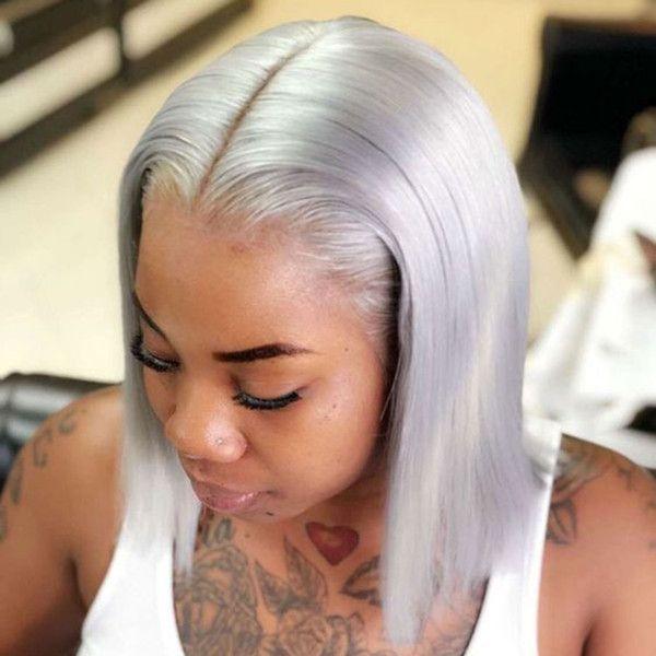 

Silver Grey Short Bob Lace Front Wigs Brazilian Straight 13x4 Human Hair Lace Wig For Black Women SOKU PrePlucked Remy Wig, As pic