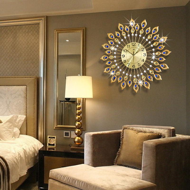 

Large 3D Gold Diamond Peacock Wall Clock Metal Watch for Home Living Room Decoration DIY Clocks Crafts Ornaments Gift 70x70cm