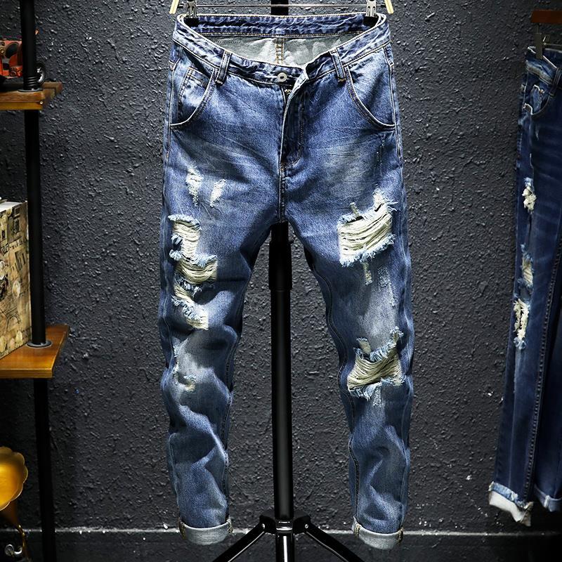 

Men's trend of big hole jeans in spring and summer Japanese scraped slim Leggings youth straight baggy beggars pants