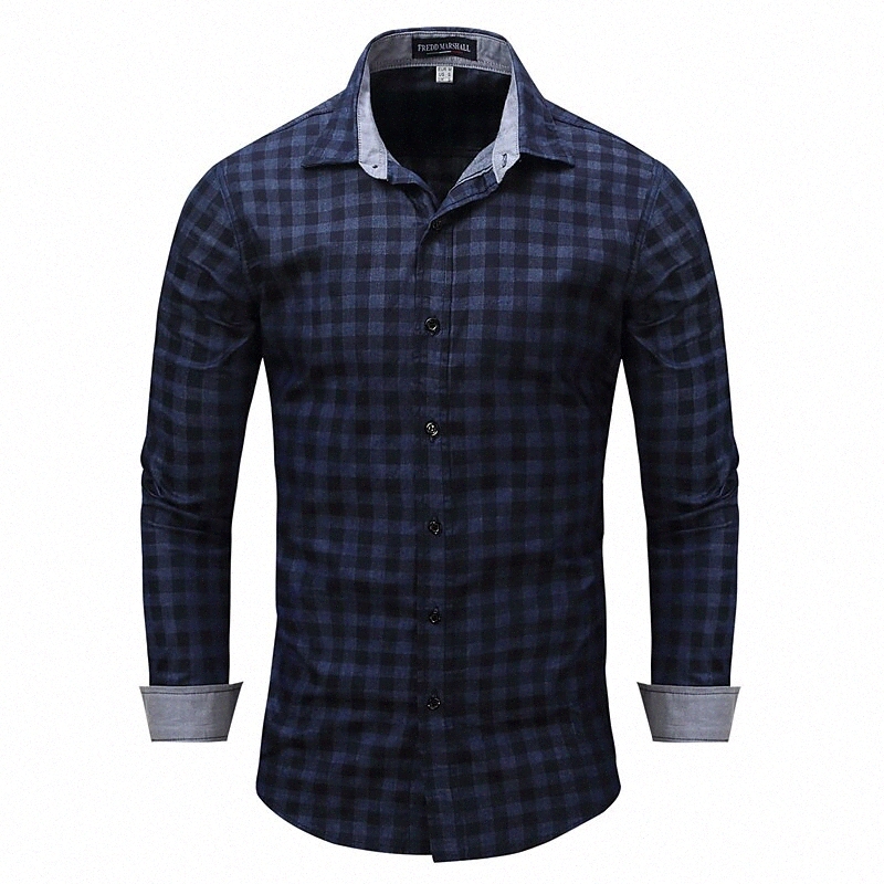 Men's Shirt Plaid Collar Street Daily Button-Down Long Sleeve Tops Cotton Business Casual Fashion Comfortable Navy Blue n7Ro#
