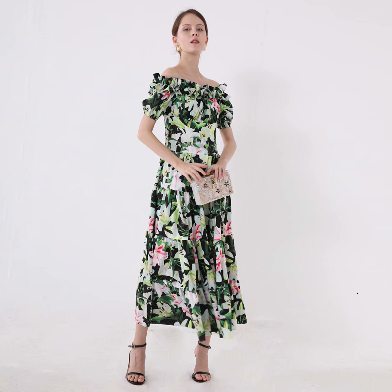 

Xf Boho Lily Green Flower Press Midi Ruffled 2021 Leisure Summer Beach Holiday Party Elegant Dress Cake R3lb, Multiple