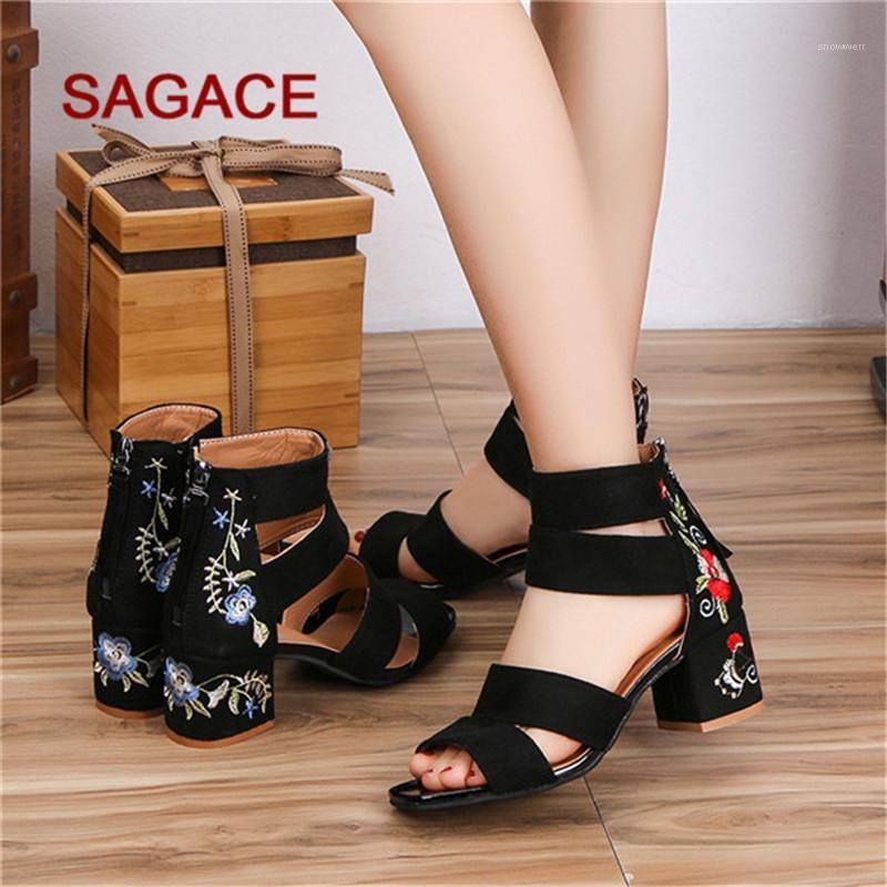 

SAGACE Sandals Women Summer Zipper Embroidery Square Heel Breathable Sandals High Heel Shoes Sandalia Feminina 20211, Red