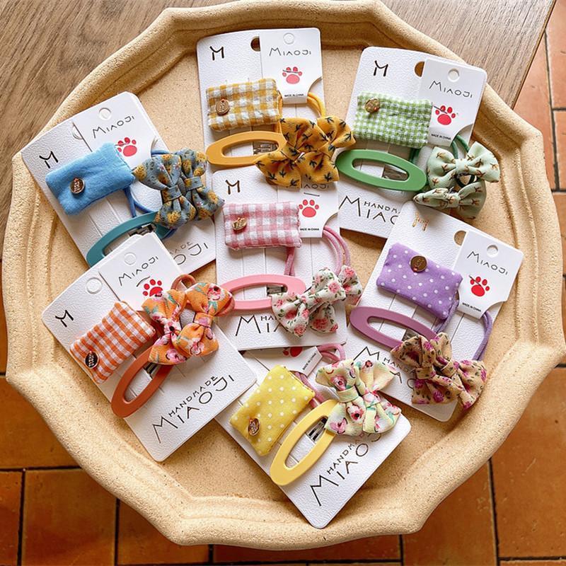 

4 Pcs New Simple Fresh Floral Bow Rubber Band Hair Rope Korean Fashion Girl Children Plaid Fabric BB Clip Hair Accessories1