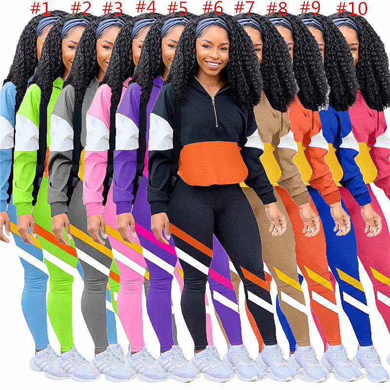 

Women Designer Tracksuit Long Sleeve Patchwork Hoodies Tops + Pants Trousers 2 Piece Set Autumn Outfits Fashion Sportswear Suit Clothes, 1lot=1set=2pcs=1*tops+1*pants