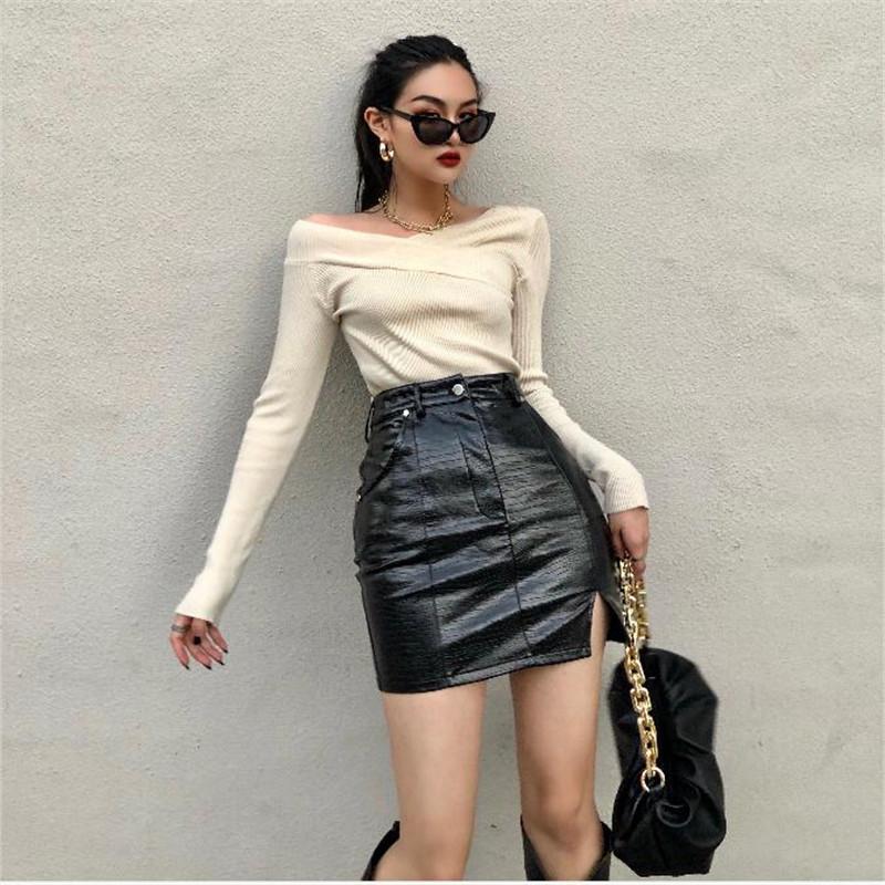 

Sexy Solid Color Pencil Skirt Women Fashion PU Leather High Waist Office Lady Elegant Bodycon Short Mini Skirts Female Clubwear, Beige