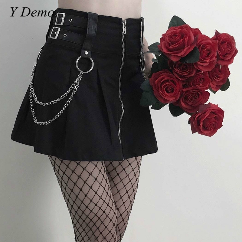 

Gothic Rock Chain Mini Skirt Sexy Autumn Soft Buckle Zipper Women' Skirt Y200326, Gray