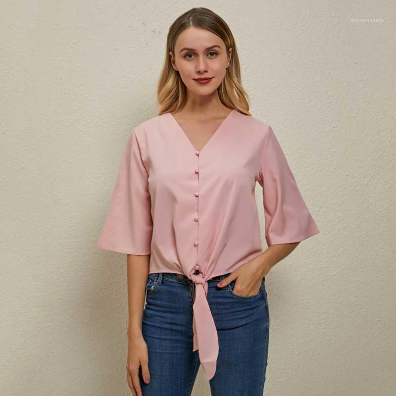 

2020 women' Chiffon Blouse Fashion Sexy mid-sleeved V-neck Button Tops Office Ladies Casual Solid Blouse1, Black