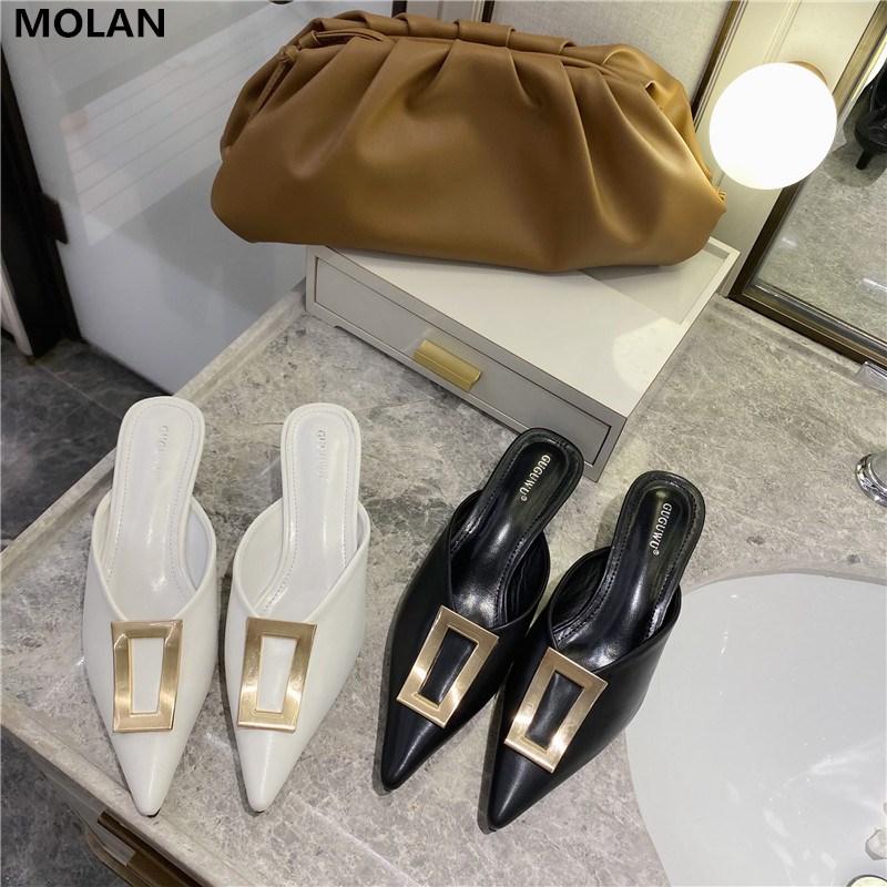 

MOLAN Brand Designers 2020 Spring Luxury Metal Buckle Decoration Kitten Heels Pointed Lady Pumps Loafers Mules Flip Flops Casual, Black