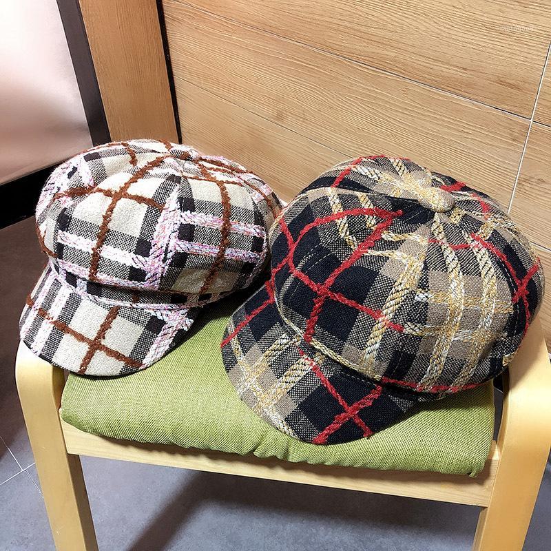 

202008-39179 autumn British Academic style style blended plaid leisure Octagonal hat men women visors cap1, Black