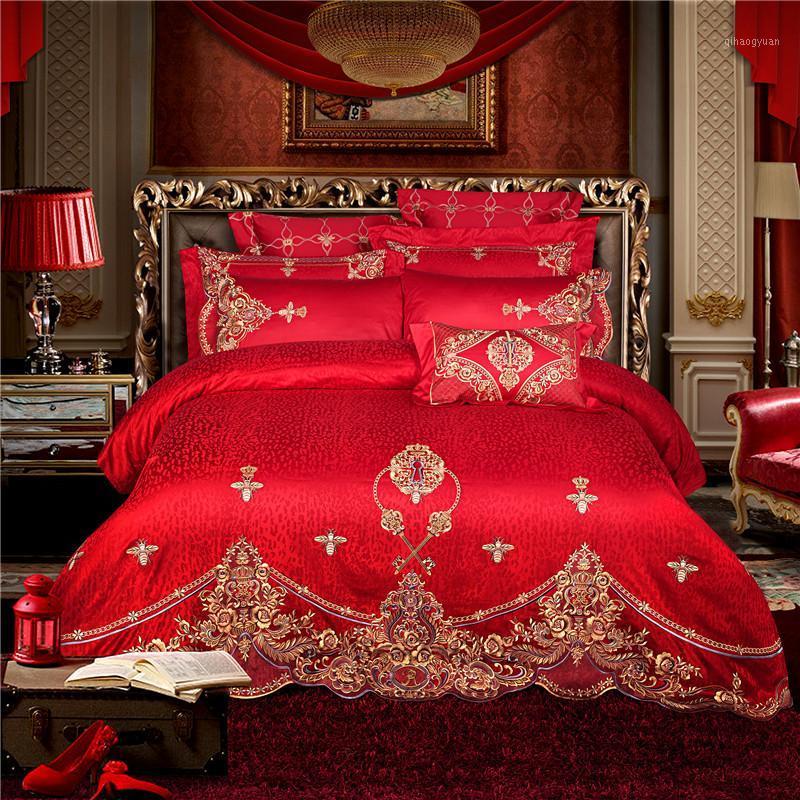 

New 9pcs King Size Bedding Sets silk stain jacquard bed set/bedclothes for wedding red bed linen Duvet Cover sheet Pillowcas1