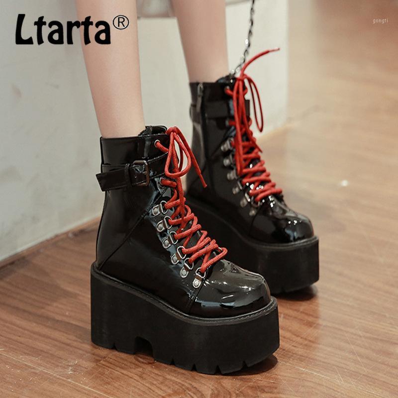 

LTARTA Sales Muffin round Head Patent Leather Lace-up Women's Boots Platform Wedge High Heel Boots -305-11, Black