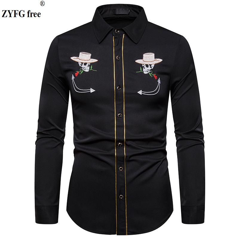 

New summer men casual long sleeve shirts fashion embroidery pattern shirts mens Hemming design turn-down collar shirt plus size, Black