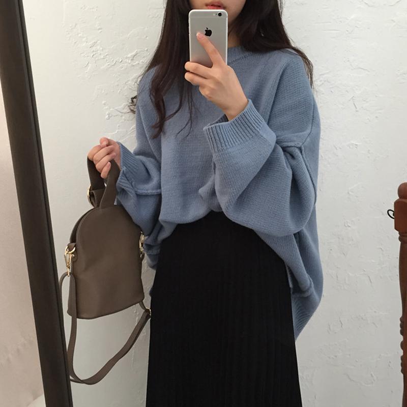 

Chic Harajuku Korean Sweaters Women Fashion Autumn Winter Drop Shoulder Batwing Sleeve Knit Pullover Female Retro Thick Jumper, Blue