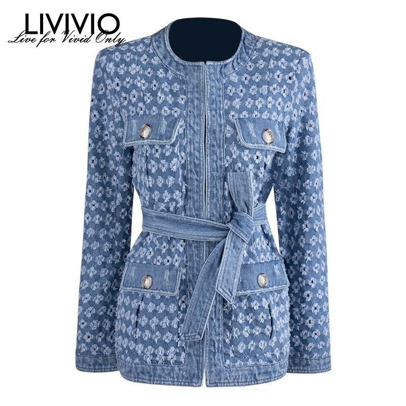 

LIVIVIO] Streetwear Hollow Out Denim Coat For Women O Neck Long Sleeve Lace Up Pocket Coats Female 2020 Autumn Fashion New, Blue