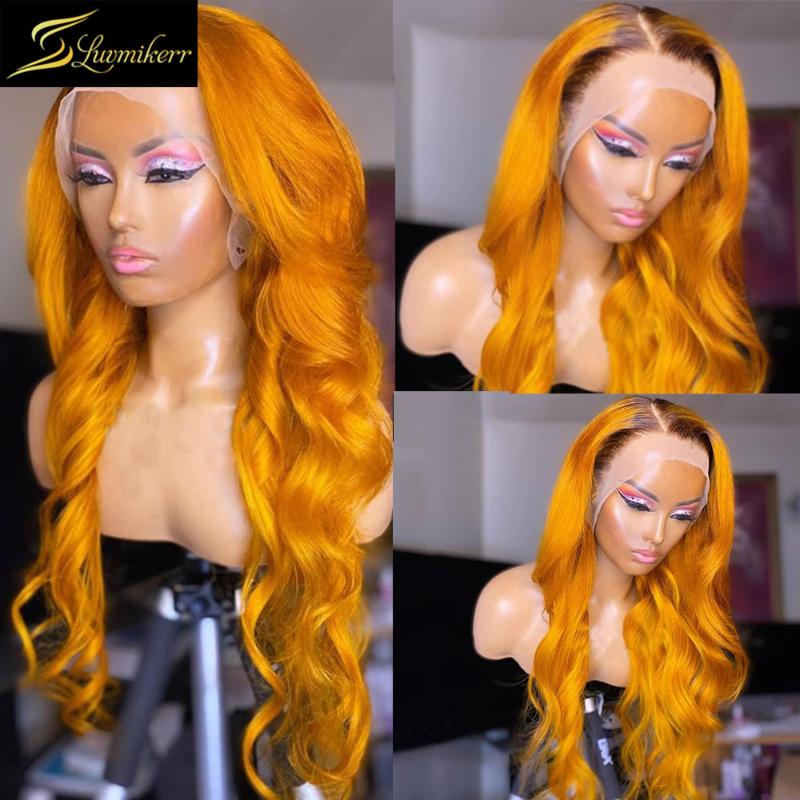 

Ombre Ginger Yellow HD Transparent Glueless Body Wave 13x6 Lace Front Human Hair Wigs Pre Plucked Wigs For Women Full Closure 30, As pic