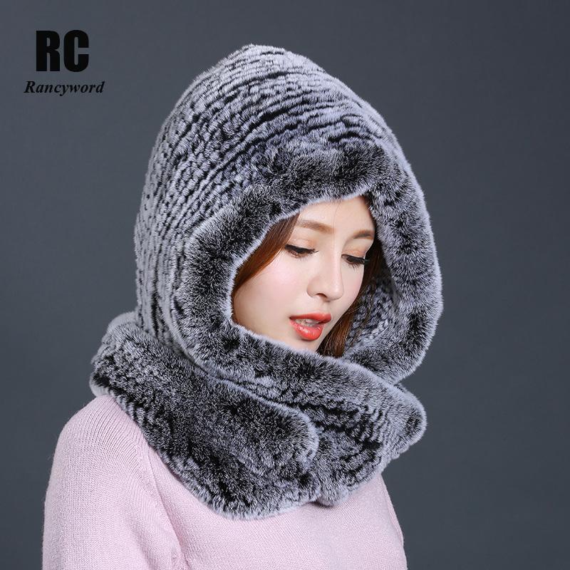 

Rancyword] Hat Women 2020 New Knitted Real Rex Fur Hat Hooded Scarf Winter Warm Natural Fur With Neck Scarves RC1319, Black