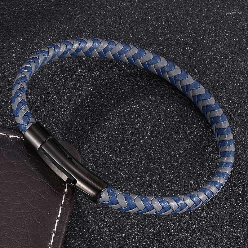 

Simple Blue Gray Leather Mix Braided Bracelets Unisex Fashion Stainless Steel Snaps Weave Bracelet Male Jewelry Gifts ST04561