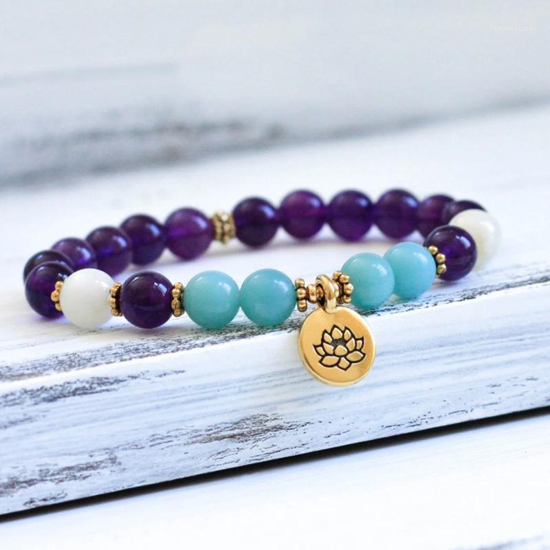 

Tennis Amethysts Mala Bracelet Lotus Wrist Beads Amazonite Moonstone Spiritual Calming Healing Energy OM For Women1