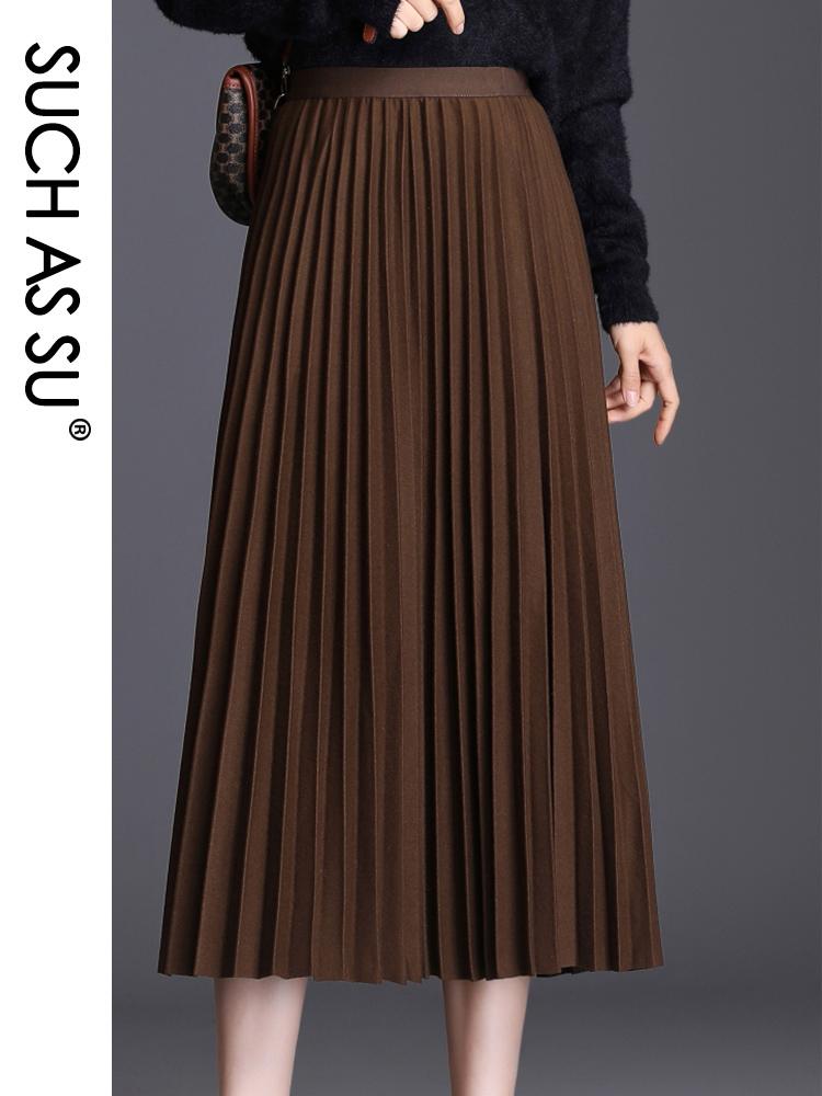 

SUCH AS SU 2020 Autumn Winter Women Pleated Black Gray Coffee Green Knit Wool High Waist Skirts Female Mid Long Big Swing Skirt, Gray skirt