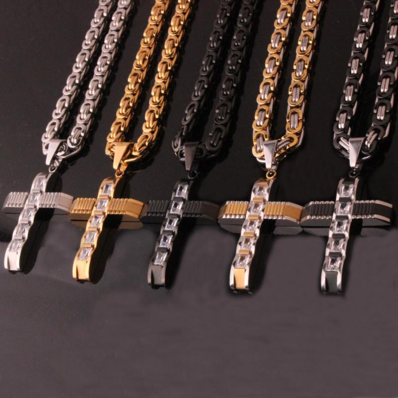 

New Stone 316L Stainless Steel Knight Cross Necklace Christian Biker Jewelry Crucifix Men Women Pendant Necklace Byzantine Chain