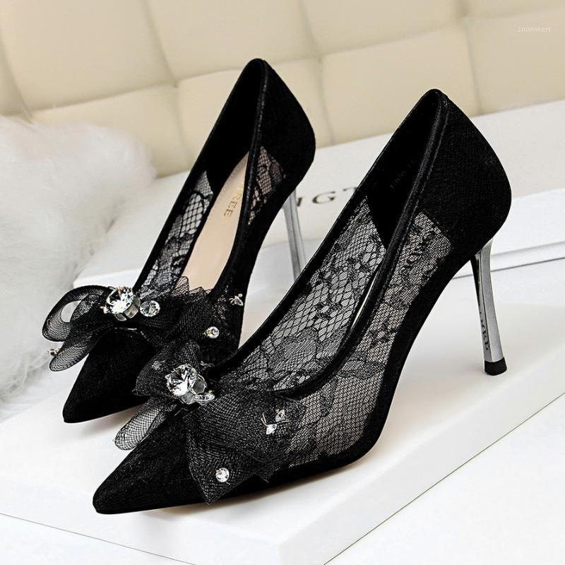 

Women Shoes Pointed Toe Pumps Hollow Lace Rhinestone Bow 8.5CM thin High Heels Boat Wedding Dress Office Shoes1, White