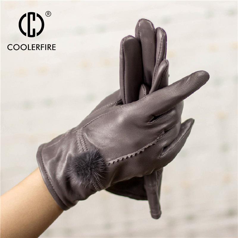 

Women Gloves Genuine Leather Winter Soft Warm Fluff Woman Female Fur Lining Riveted Clasp High-quality Mittens ST0401
