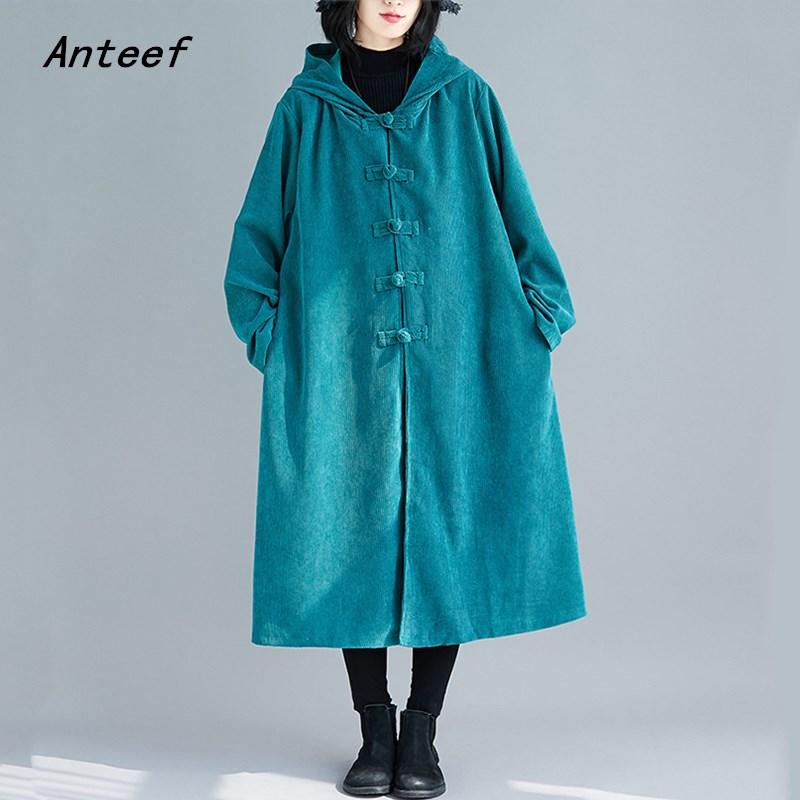 

corduroy plus size solid vintage hooded casual loose long autumn winter trench coat for women 2020 clothes, Black